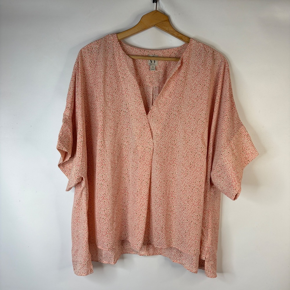 Worthington Blouse Womens 2X Pink Pebble Print V-Neck Dolman Short Sleeve Top